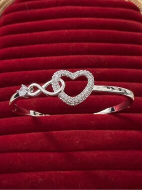 Silver Plated Interlocking Heart & Infinity Bangle Bracelet (7")